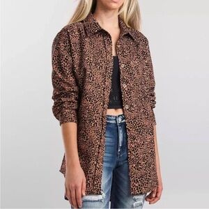 Day Trip Brown Leopard Print Button-Up Thin Corduroy Shirt OVERSIZED Medium